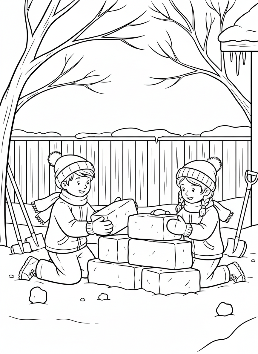 Two children building a snow fort together in a backyard, with snow bricks stacked up and mittens on their hands