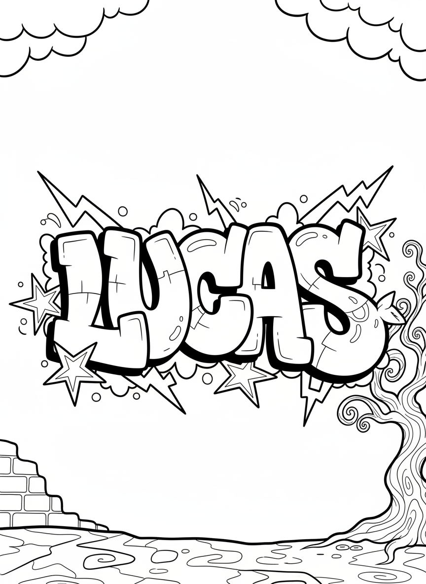 The name LUCAS in graffiti-style bubble letters with stars and lightning bolts around them, simple outline for coloring