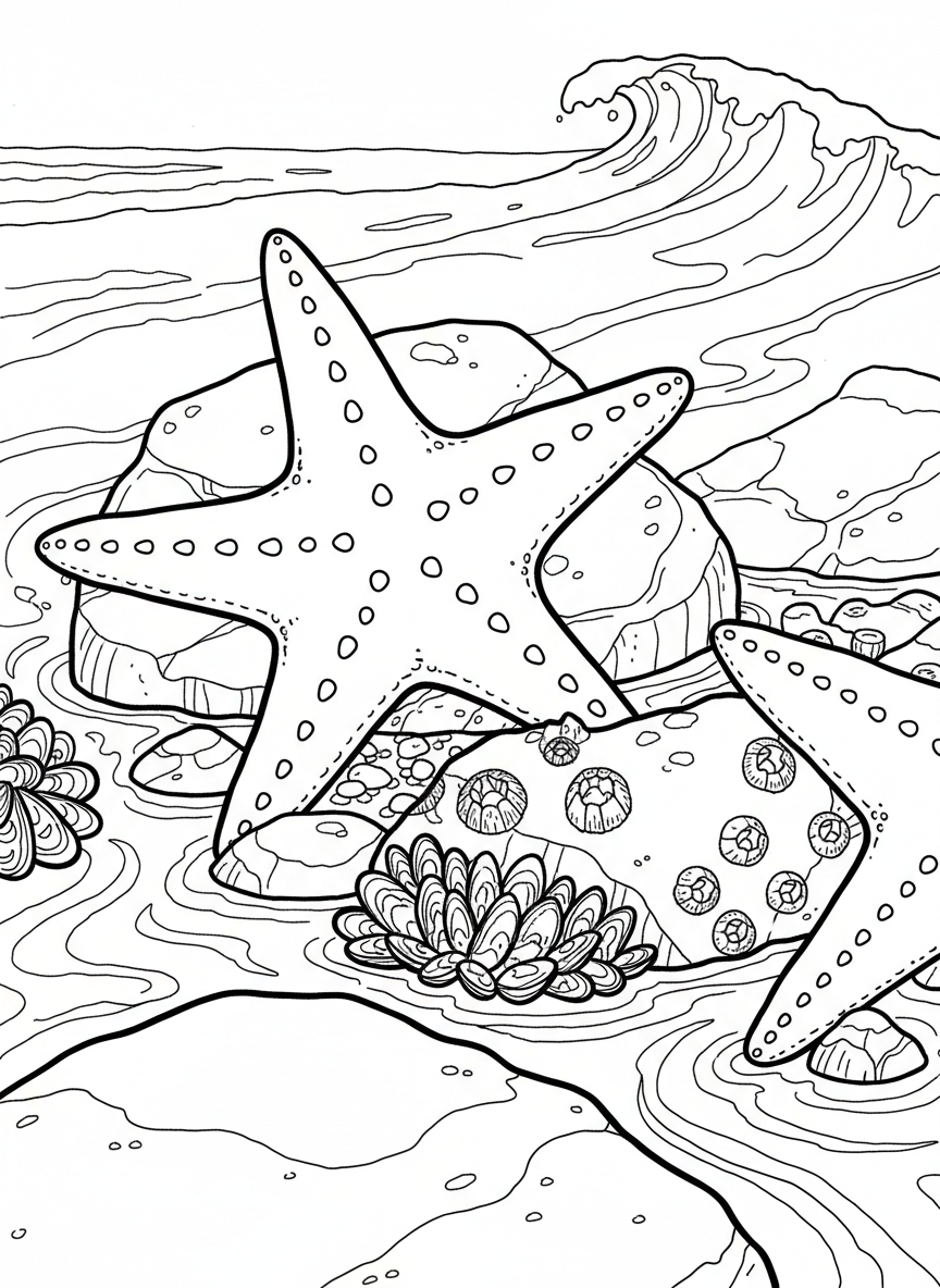 A sea star slowly moving across tide pool rocks toward a cluster of mussels, with rippling water above.