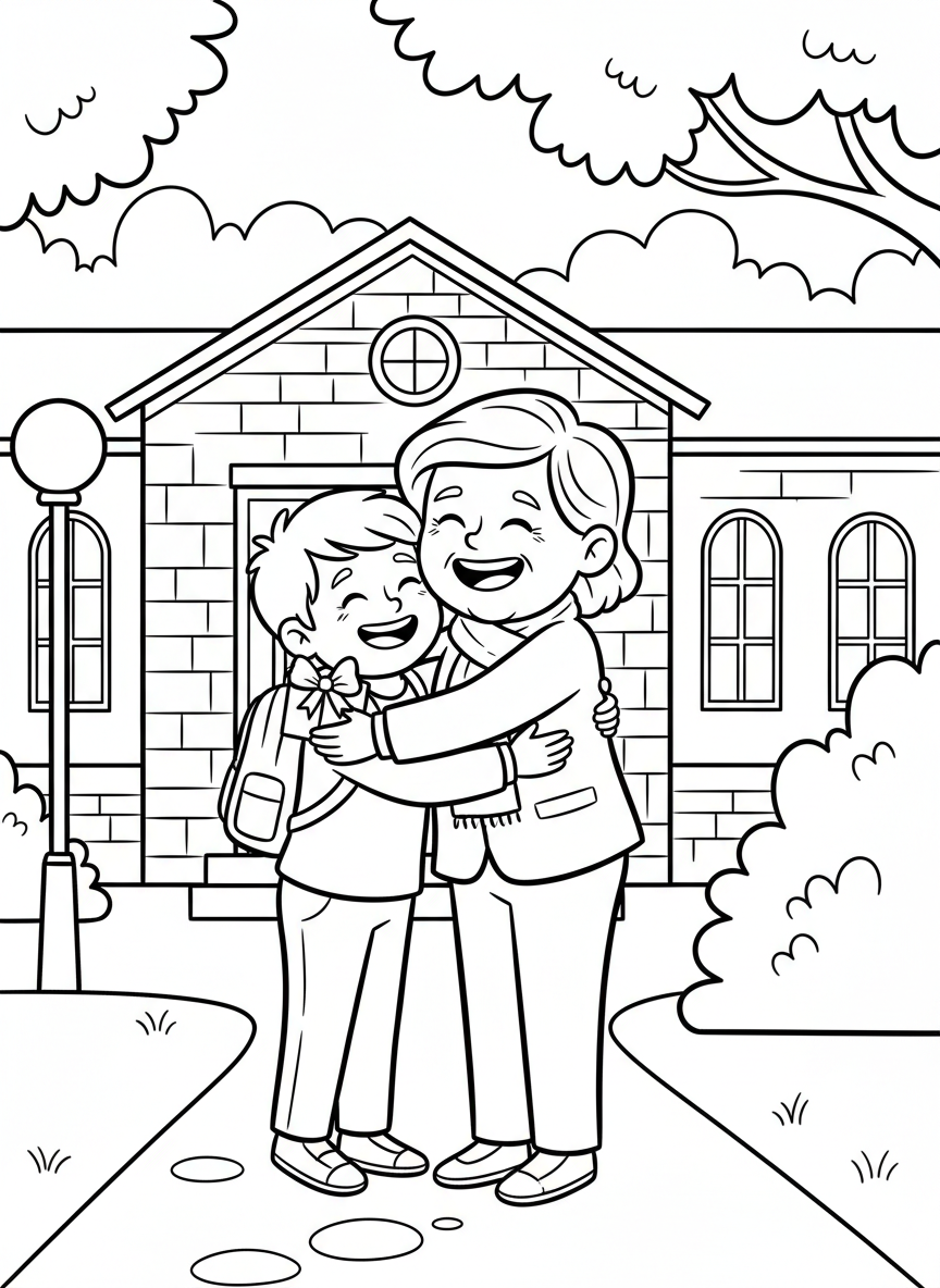 A student hugging their favorite teacher goodbye with a small gift or card, warm and heartfelt moment