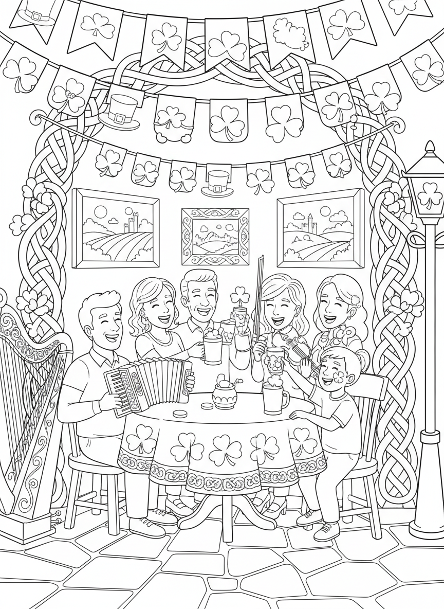 Saint Patricks Day coloring page prompts celebrating Irish-inspired traditions, green decorations, music, and festive community energy.	Friends gathered around a table decorated in green, laughing together while festive banners and symbols create a cheerful Saint Patrick’s Day atmosphere.