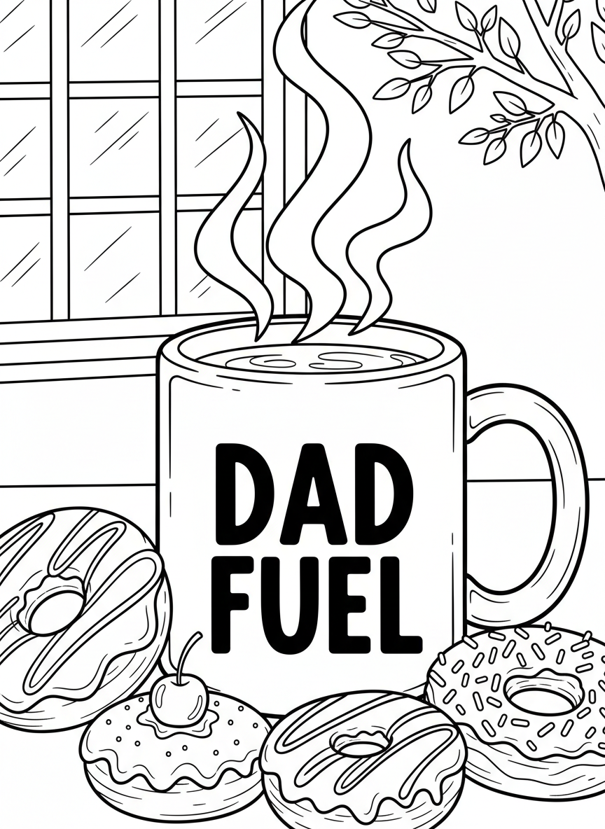 A coffee mug with steam rising from it, decorated with 'DAD FUEL' text and surrounded by doughnuts
