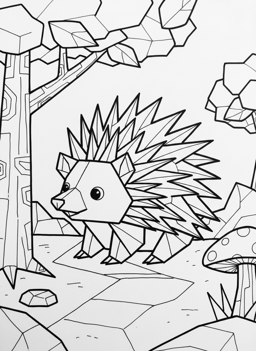 An origami porcupine with detailed zigzag quill patterns, rounded body made of geometric shapes, and friendly face with clear outlines.