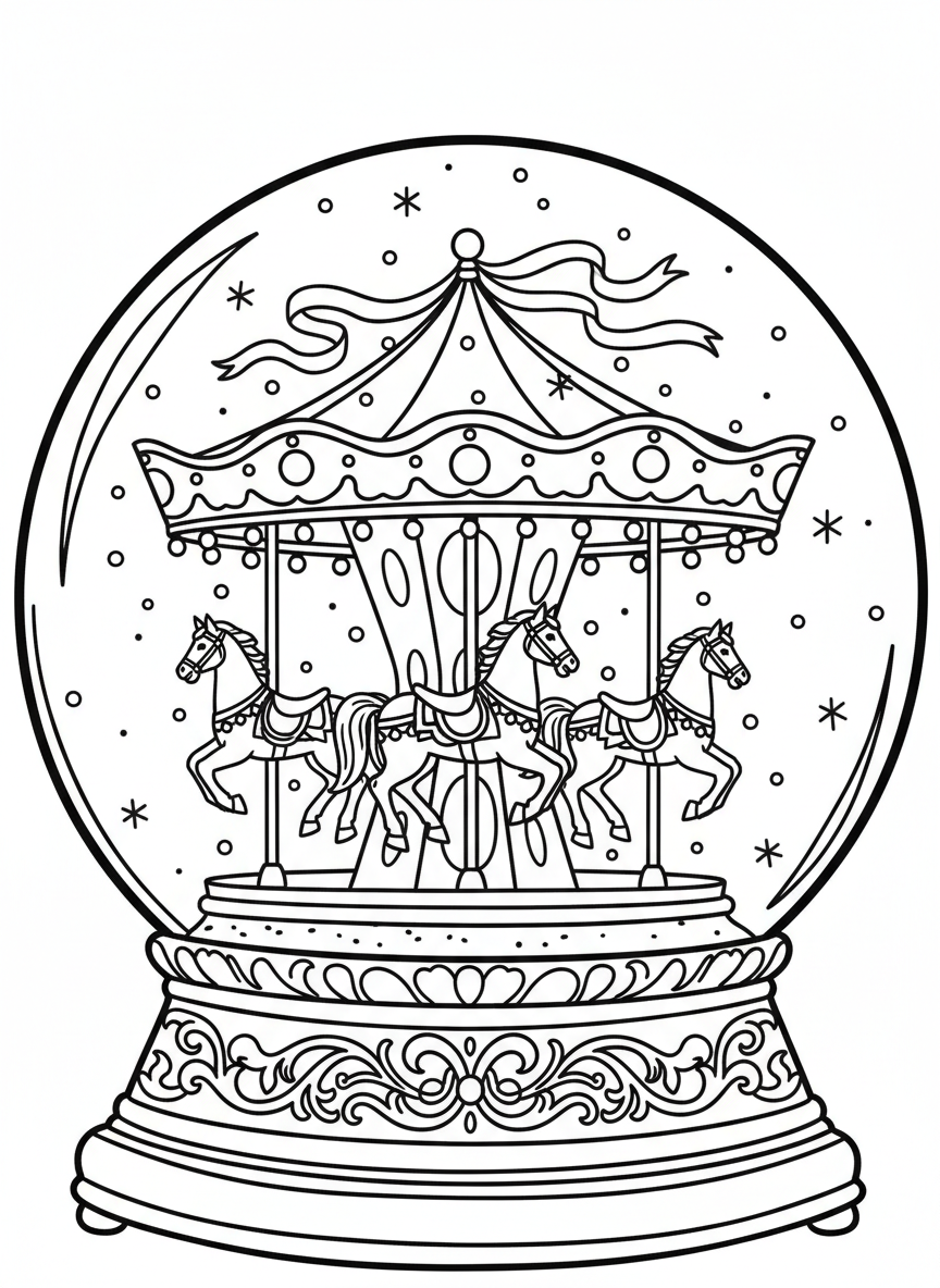 A snow globe featuring a carousel with horses inside, decorated with ribbons and lights, snowflakes dancing all around it on a fancy base.