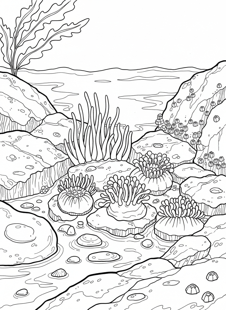 A family of sea anemones in different shapes, some tall and thin, others short and round, arranged across tide pool rocks