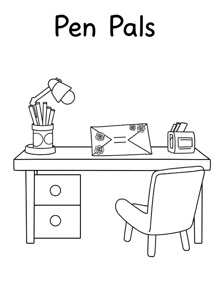 Pen Pals: A desk scene showing a letter being written to a friend, with stamps and stickers on the envelope.