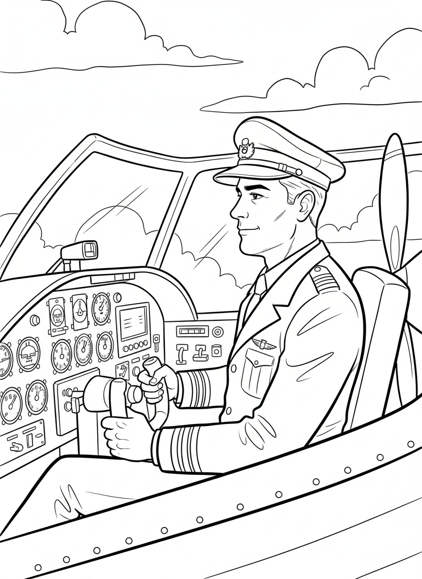 A pilot sitting in an airplane cockpit with controls and instruments, wearing a captain's hat and uniform with wings badge.