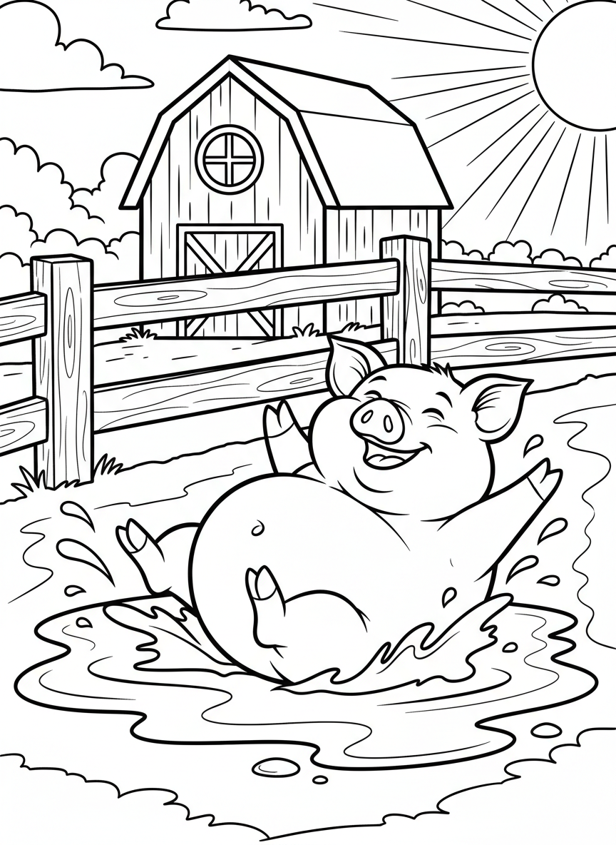 A happy pig rolling in a mud puddle on a sunny farm day, with a wooden fence and barn in the background.