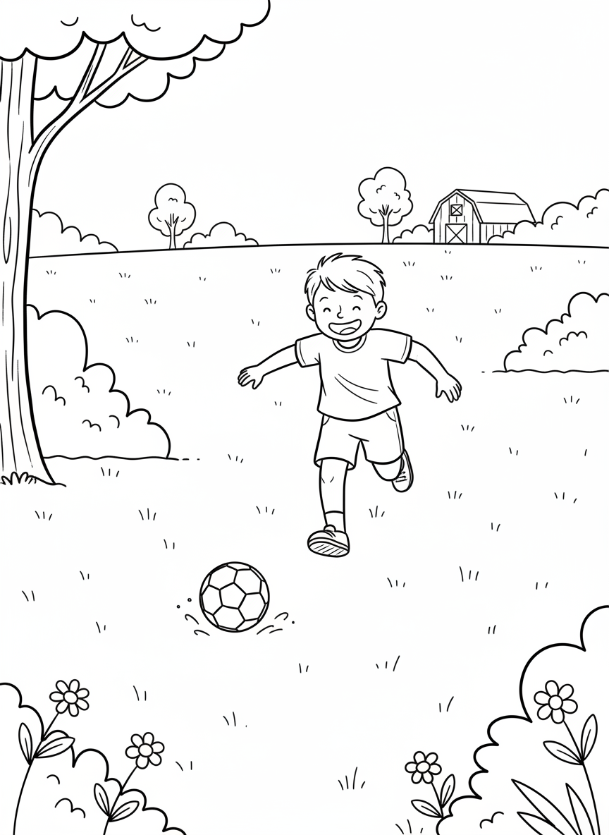 A child running with a big smile while chasing after a rolling soccer ball across an open field