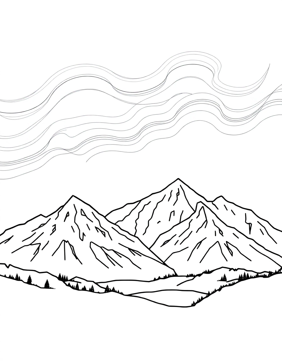 Northern Lights: A landscape of snow-capped mountains with wavy lines in the sky representing the aurora borealis (simple lines for coloring).