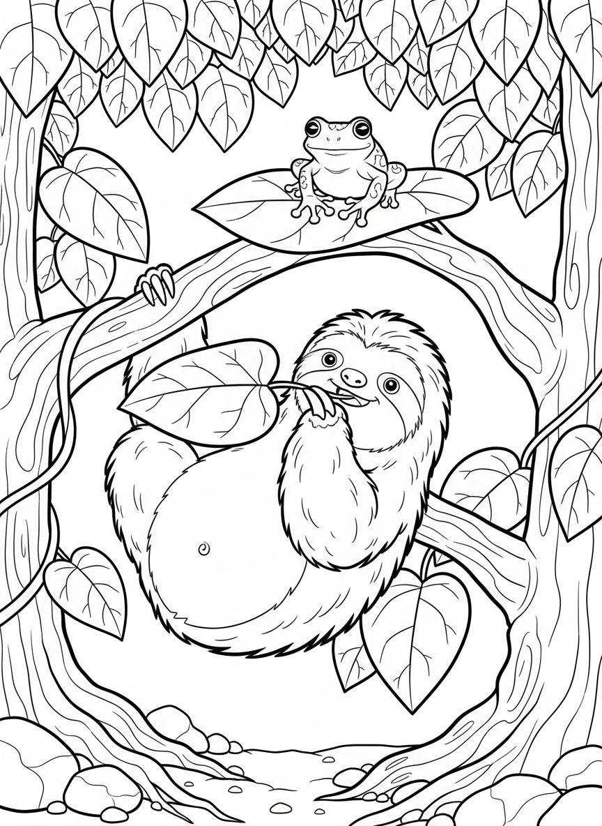A sloth eating leaves while hanging from a branch, with a friendly tree frog sitting on a leaf next to it