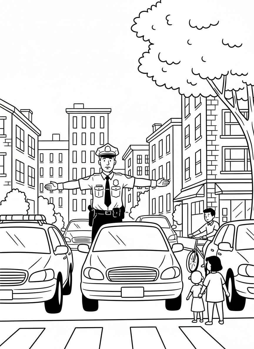 A police officer directing traffic at a busy intersection with cars, a bicycle, and pedestrians waiting to cross.