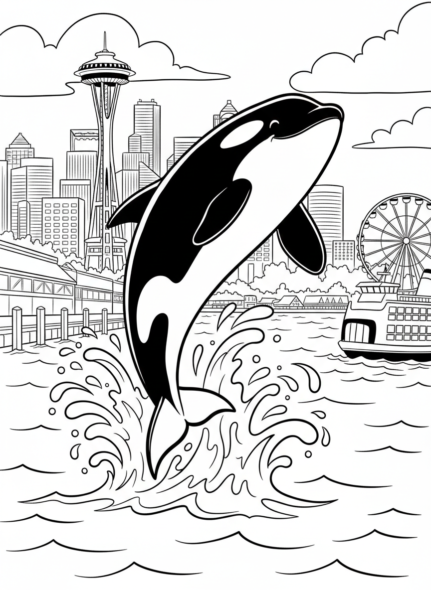 A friendly orca whale jumping out of the water near the Seattle waterfront, dynamic action pose with splash details.
