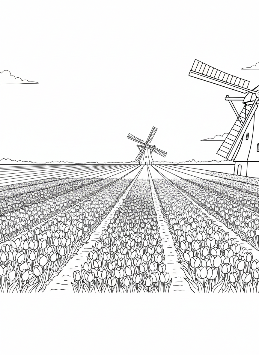 A panoramic view of endless tulip fields in organized rows with different flower varieties and a single windmill in the distance.
