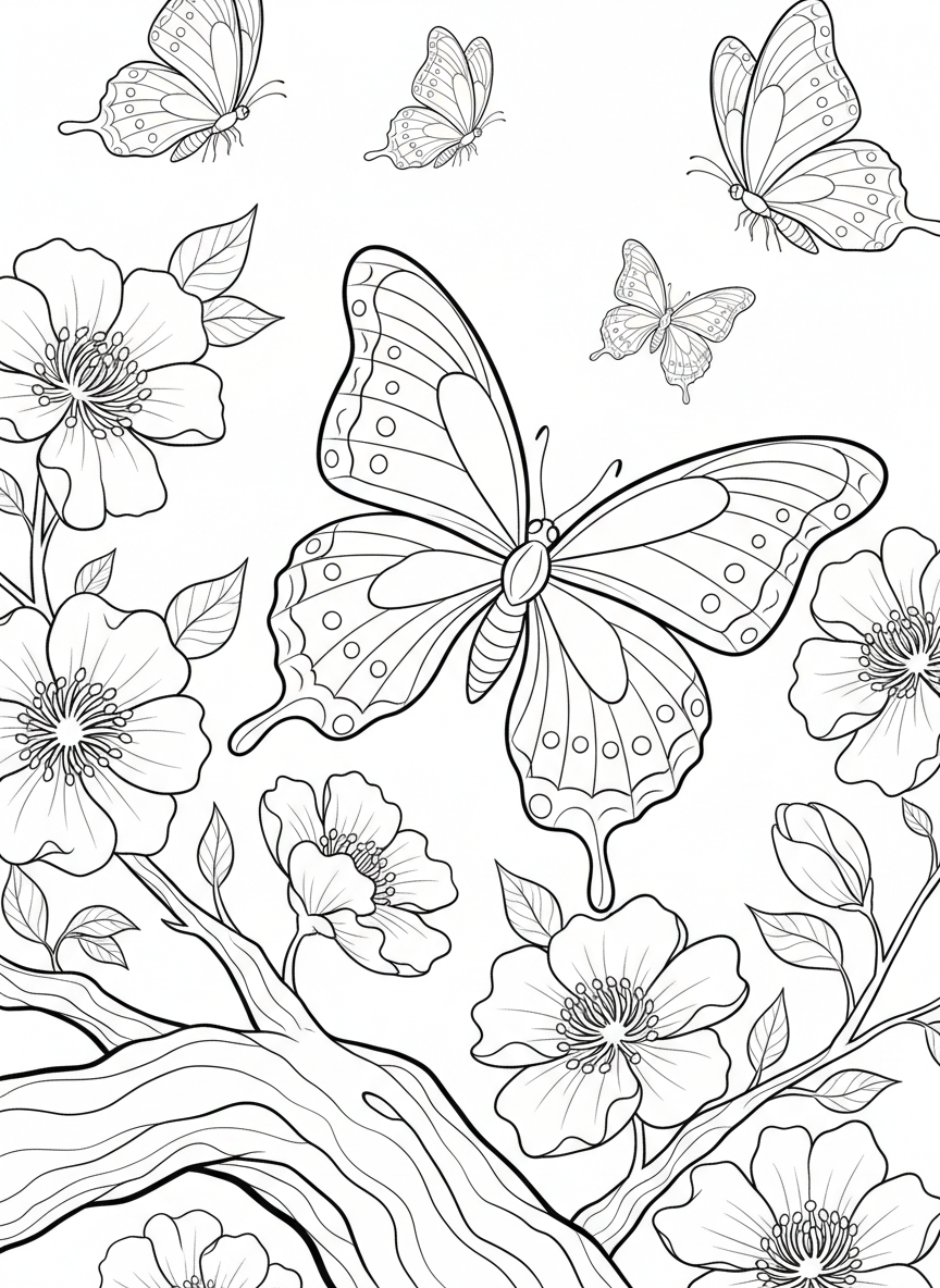 A butterfly emerging from its chrysalis on a branch, with other butterflies flying among blooming flowers.