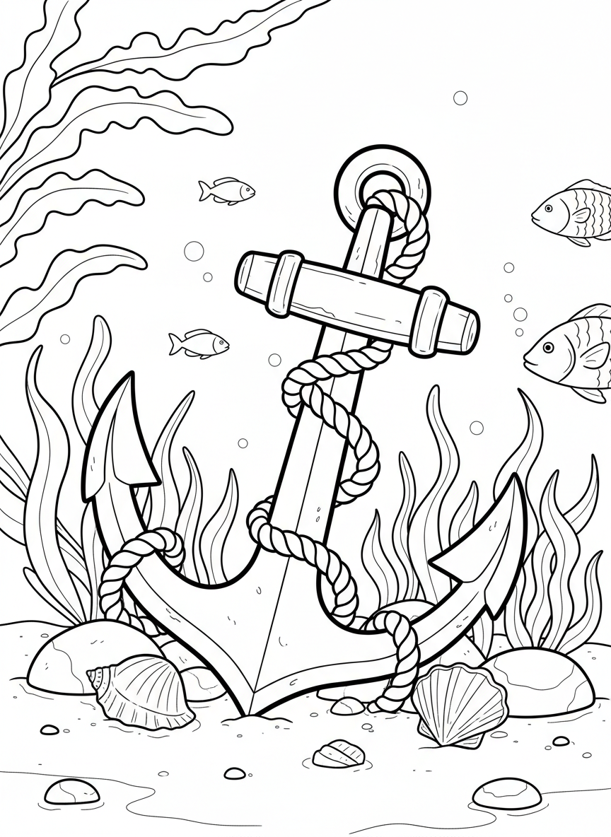 A detailed pirate anchor with rope wrapped around it, sitting among seaweed, shells, and small fish, underwater setting