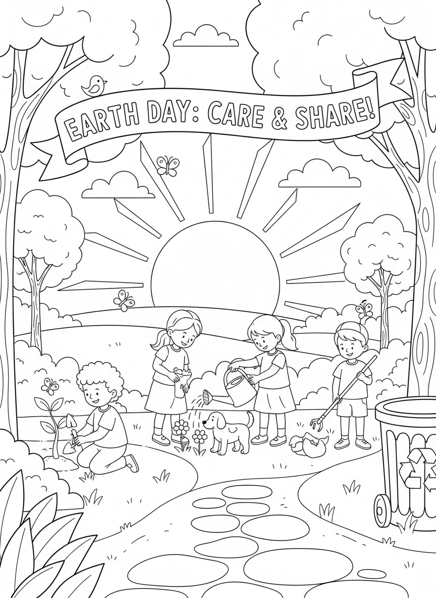 Earth Day coloring page prompts celebrating environmental awareness, nature care, and community action.	A calm sunset scene in a green space, reflecting the theme of care and preservation.