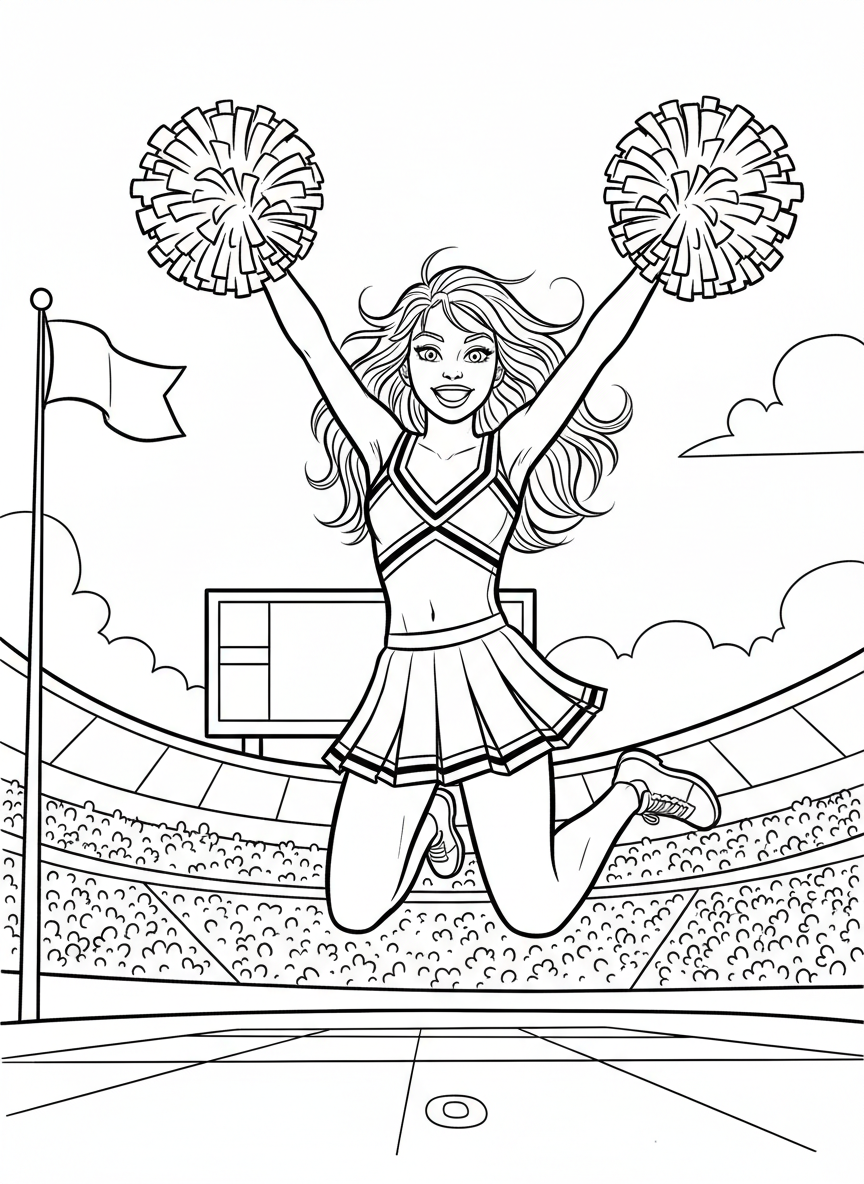 A cheerleader jumping with pom-poms raised high, wearing a uniform with a big smile, spirited and energetic.
