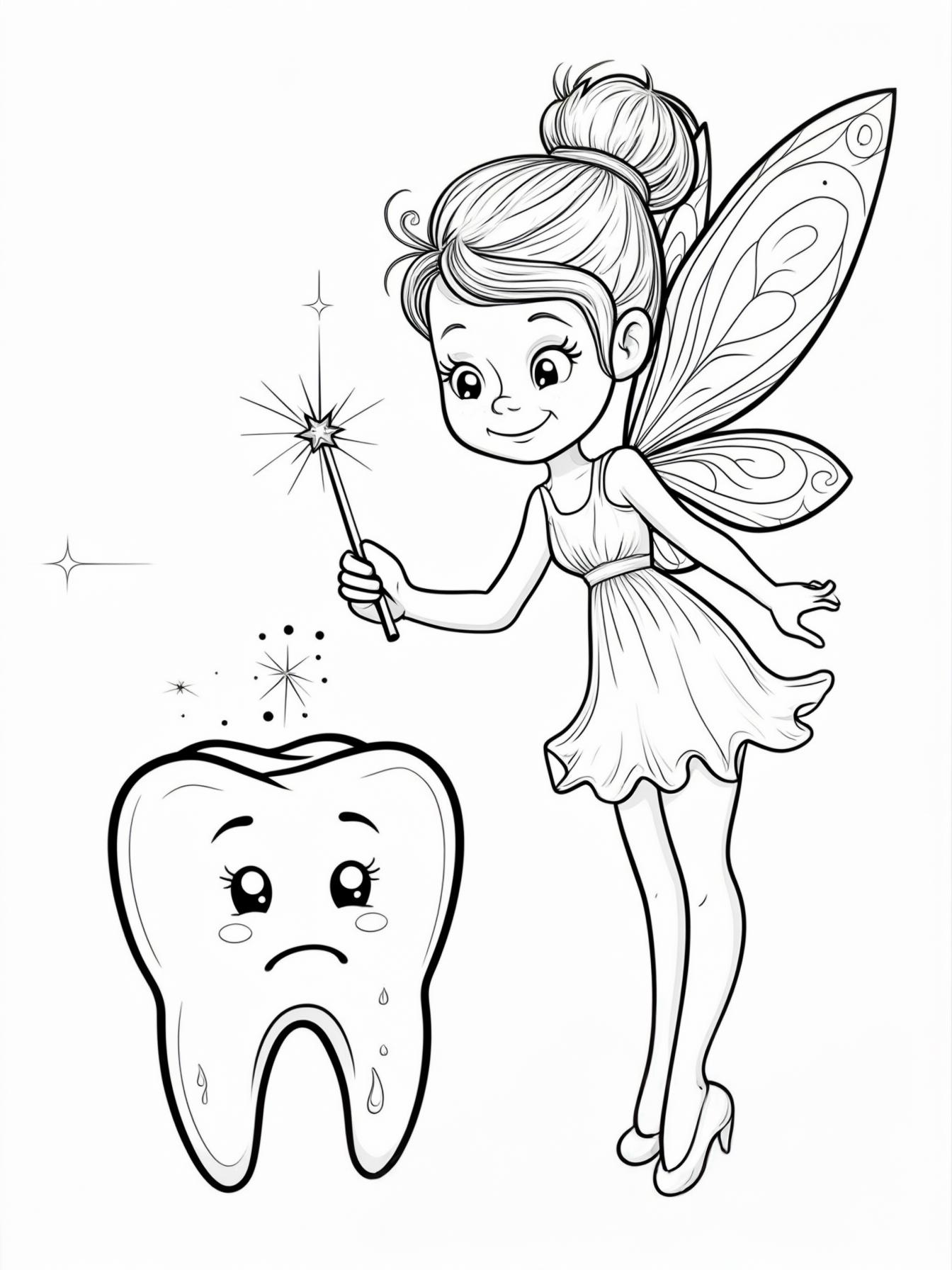 Sparkle Spell: A fairy casting a spell that makes a sad, dirty tooth turn into a happy, sparkling clean tooth.