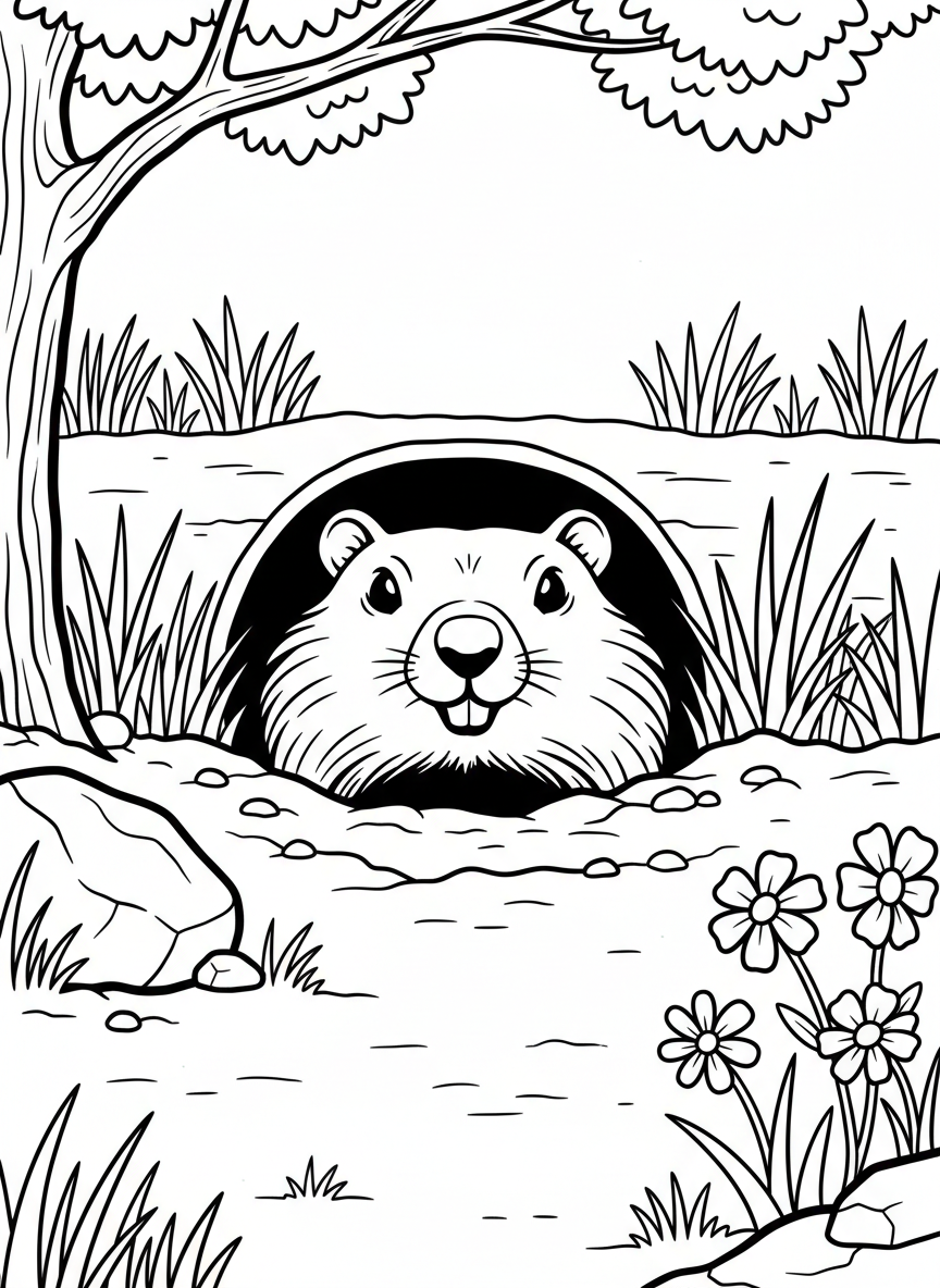 A close-up of a groundhog's face peeking cautiously out of a burrow, with just eyes and nose visible