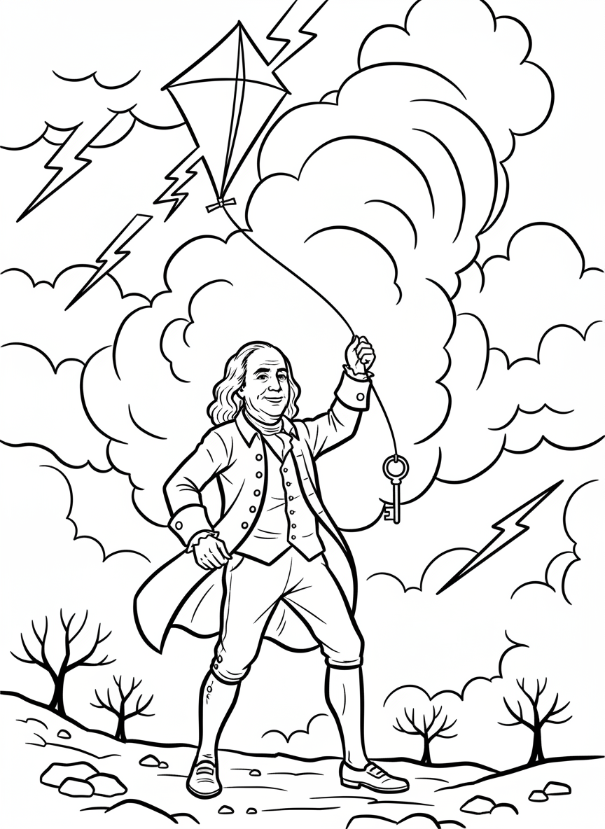 Benjamin Franklin flying a kite in a storm with a key attached, wearing colonial clothing and a cheerful expression, simple background with clouds.