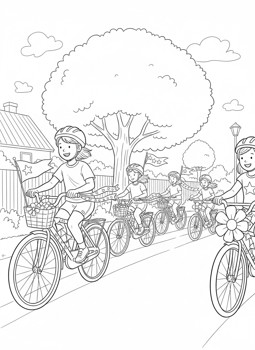 Children riding decorated bicycles with streamers and flags attached to the handlebars, participating in a neighborhood parade celebration.