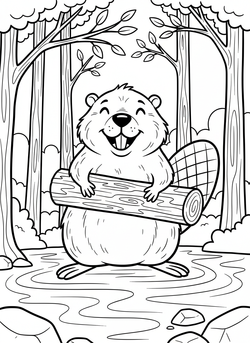 A cheerful beaver standing upright holding a large log in its paws, with a big smile and prominent front teeth, simple background