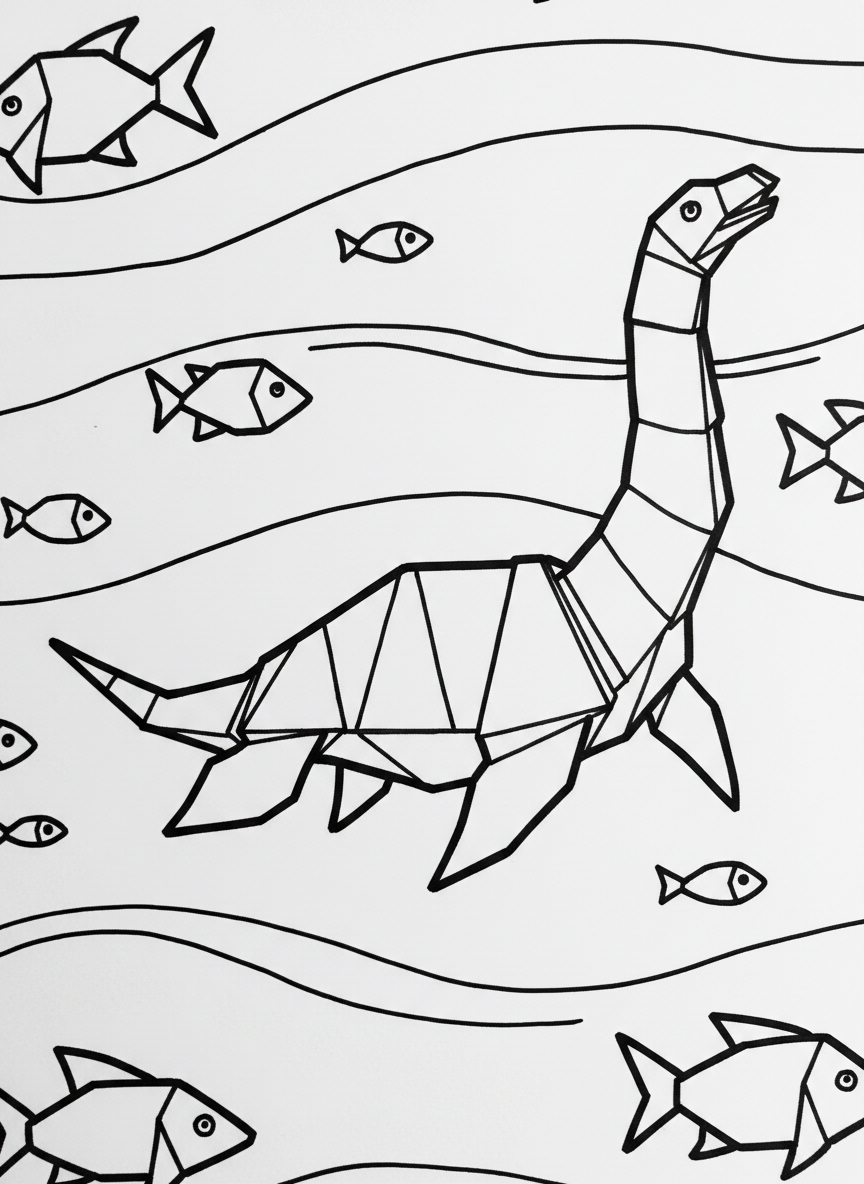 A swimming origami Plesiosaurus with geometric flippers and long neck, surrounded by simple origami fish shapes in the water.