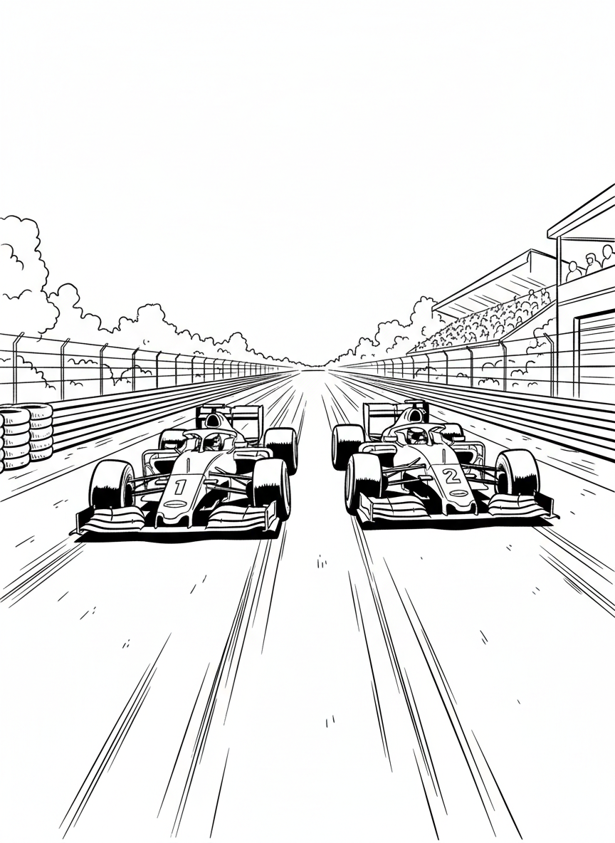 Two Formula One cars racing side-by-side on a straight section of track, competing for position with motion lines behind them.
