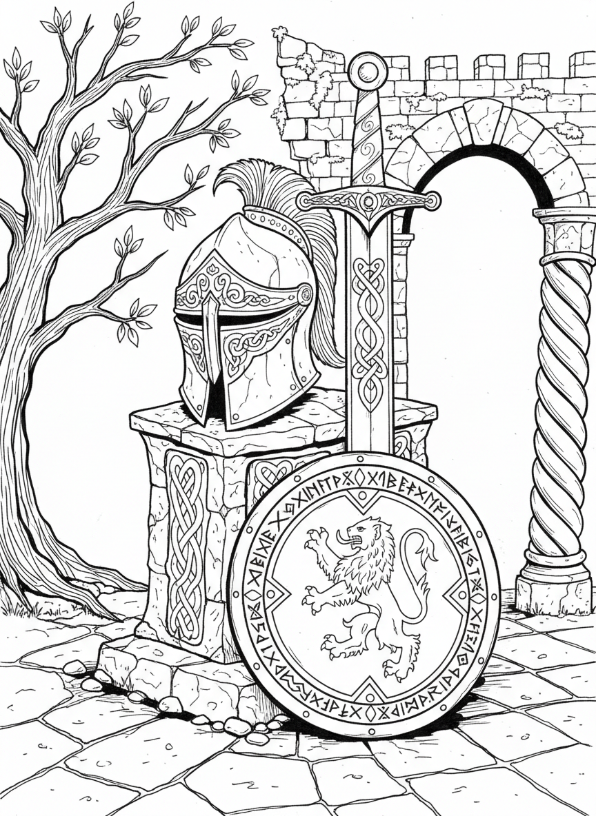 A knight's helmet, sword, and shield arranged together on a display stand, with decorative patterns on each piece.