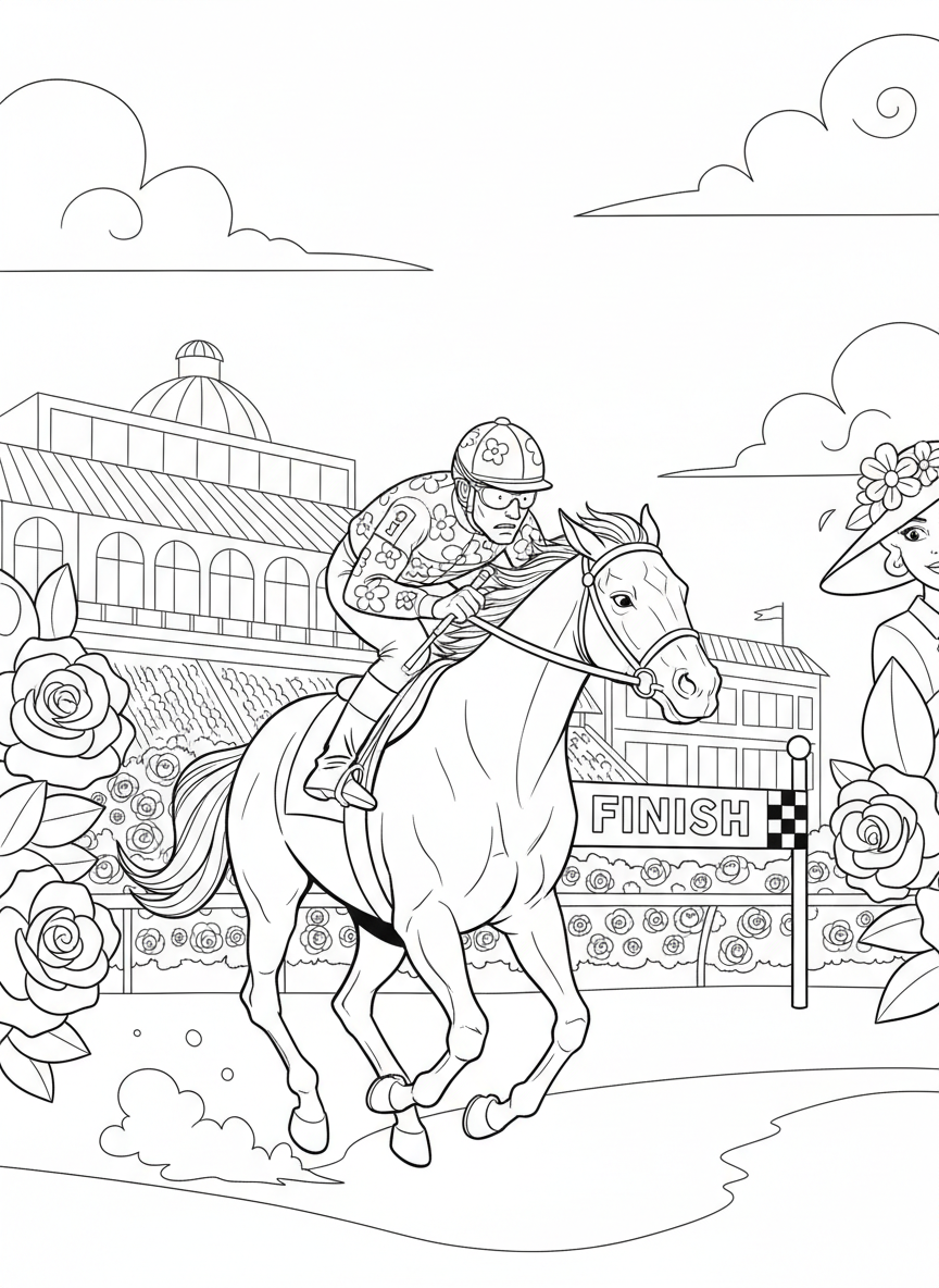 Kentucky Derby coloring page prompts capturing elegance, horse racing tradition, spring fashion, and historic pageantry.	A jockey urging a horse forward with focused intensity, reins tight as the finish draws near beneath clear spring skies.
