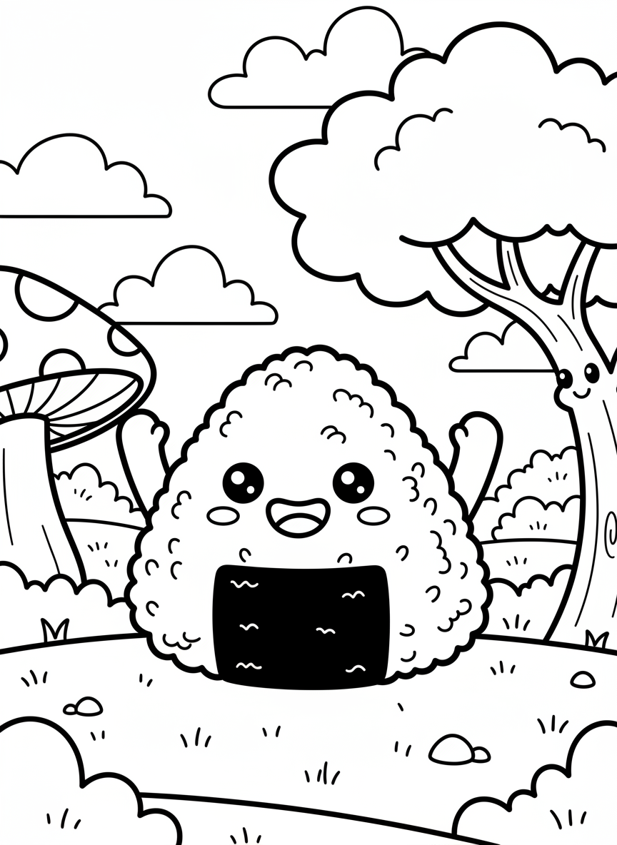 A kawaii onigiri rice ball with a smiling face, wrapped in nori seaweed, holding tiny arms up in a cheerful pose