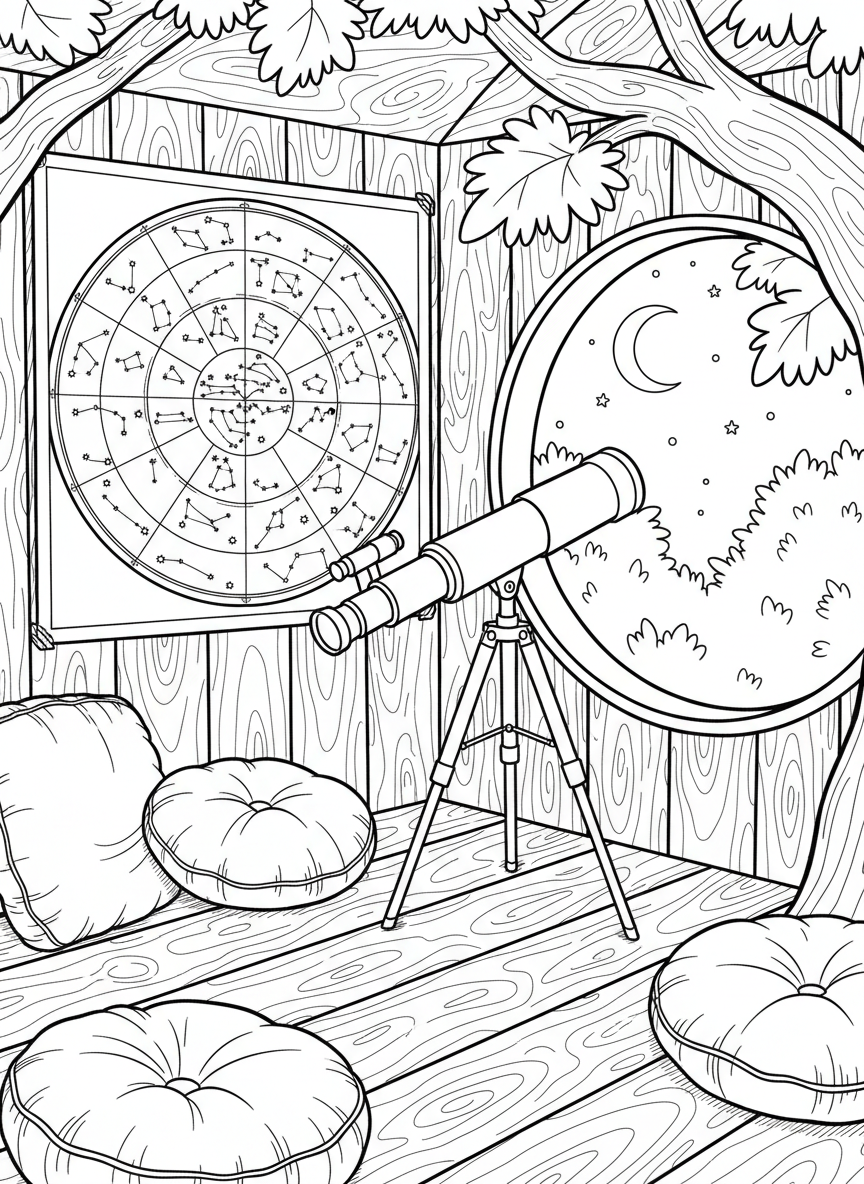 A detailed star chart hanging on the wall inside a treehouse, with a telescope and cushions for comfortable stargazing.