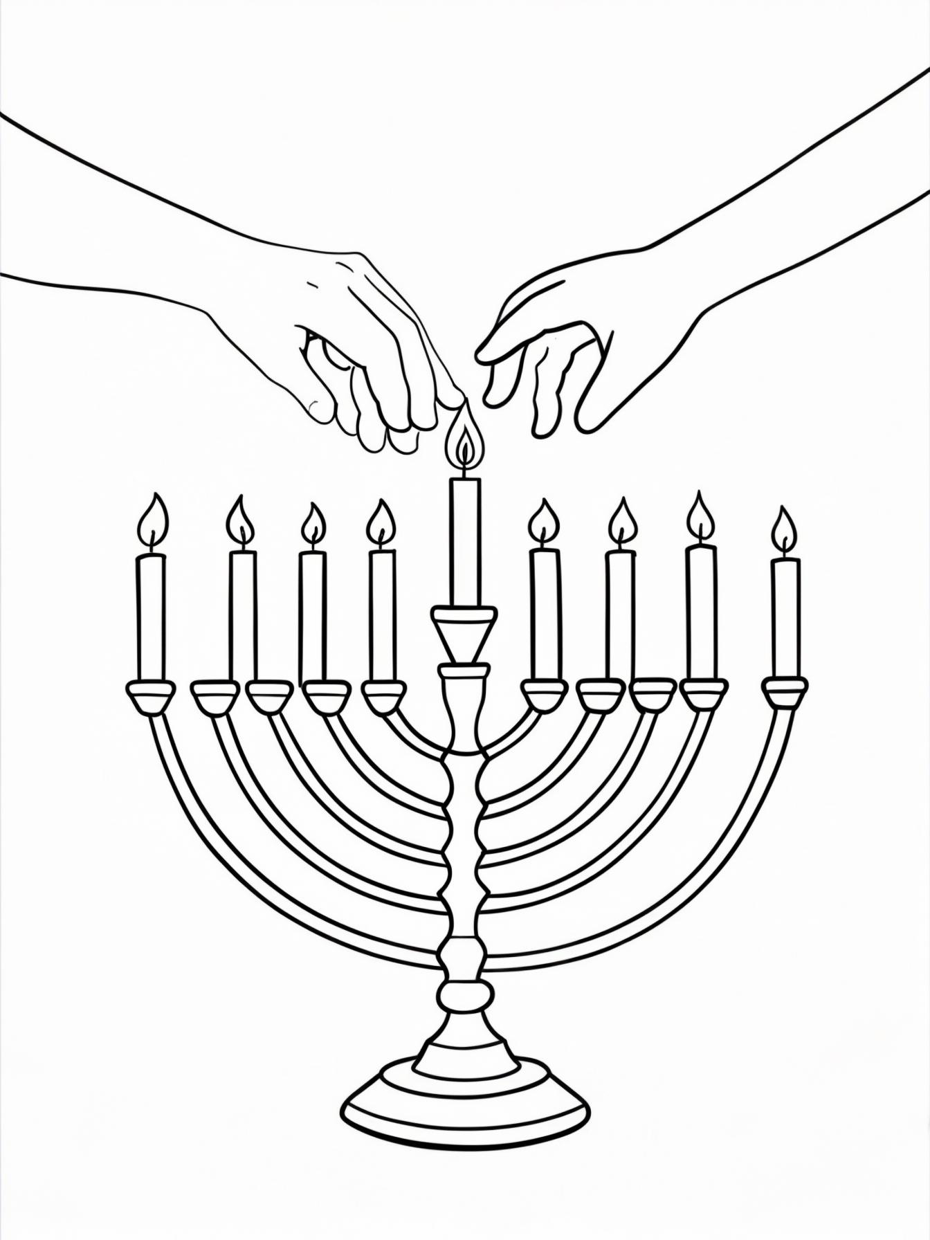 Lighting the Candles: A close-up of a pair of hands (an adult's and a child's) working together to light the "shamash" (helper candle) on the menorah. The hands are not touching the fire