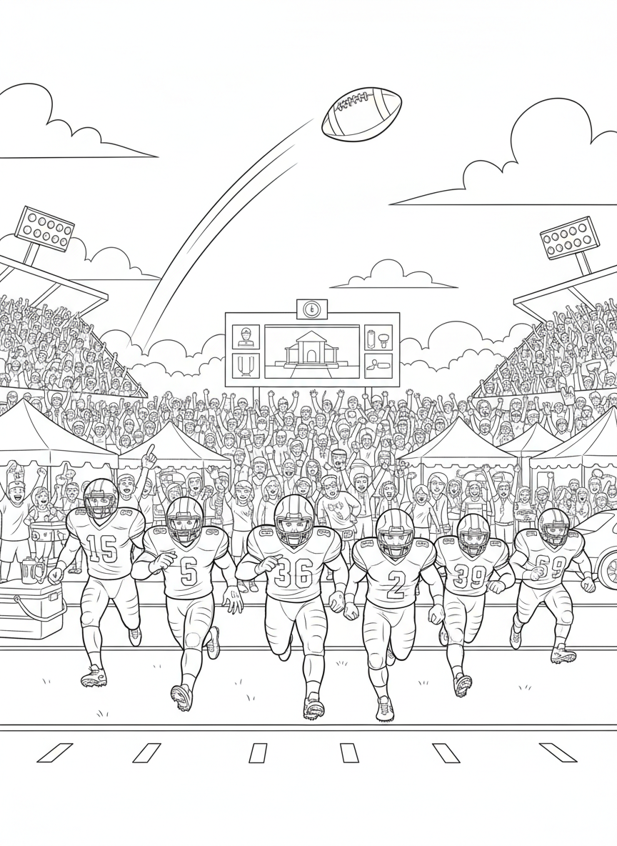 NFL Kickoff coloring page prompts capturing the start of football season, anticipation, tailgates, and opening-week excitement.	A kickoff sailing through the air as the return team prepares to sprint forward.