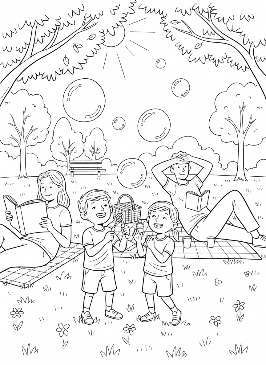Children blowing bubbles in a sunny park while adults relax on blankets reading books and enjoying the late summer day.