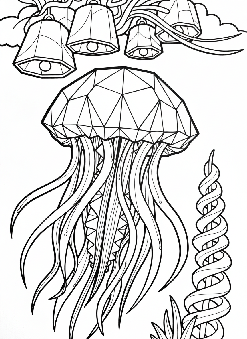 An origami jellyfish with flowing paper-fold tentacles hanging down, geometric bell shape at top with wavy lines below
