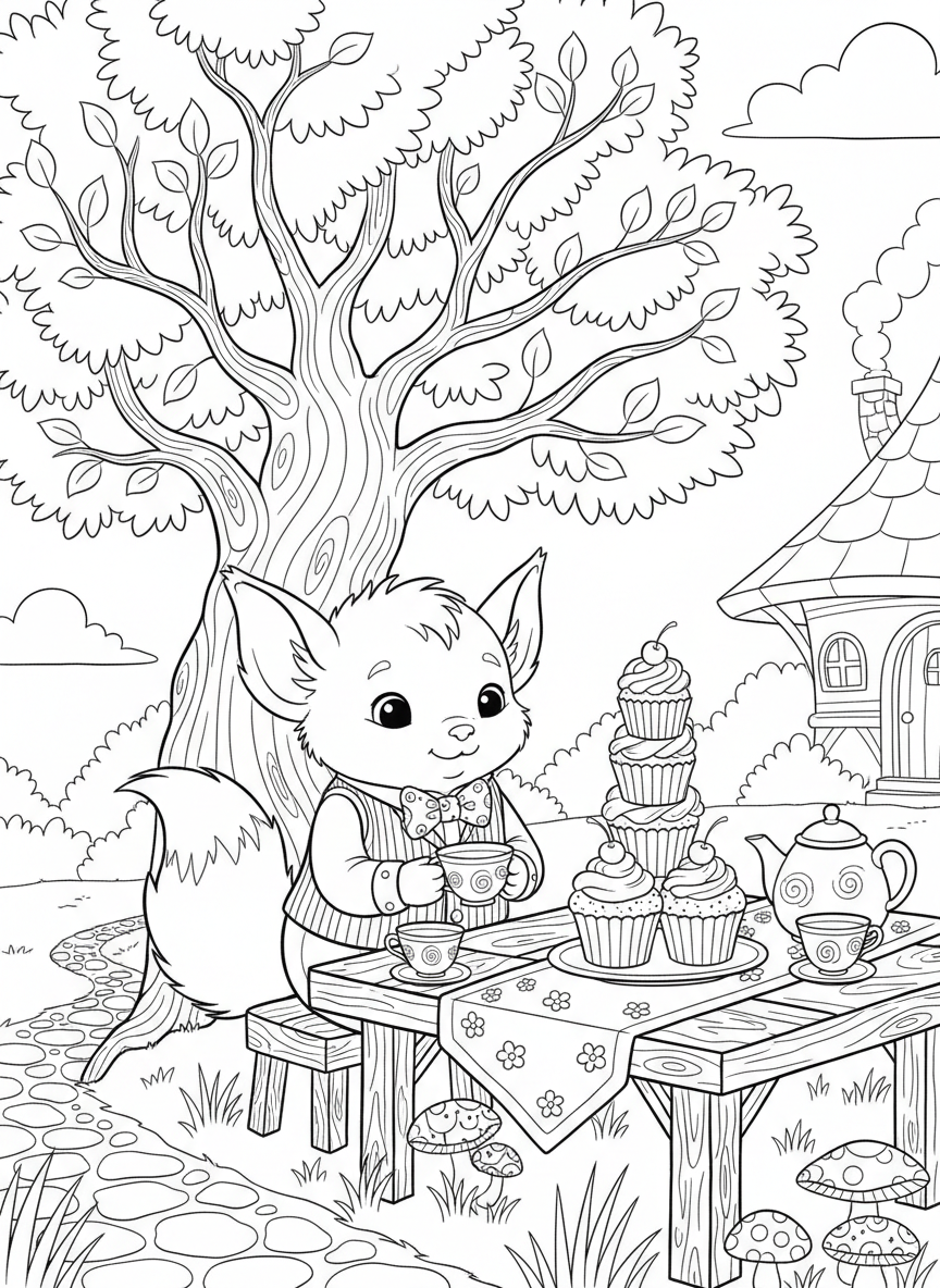 A small magical creature with pointy ears having a tea party with cupcakes and teacups, detailed coloring page scene