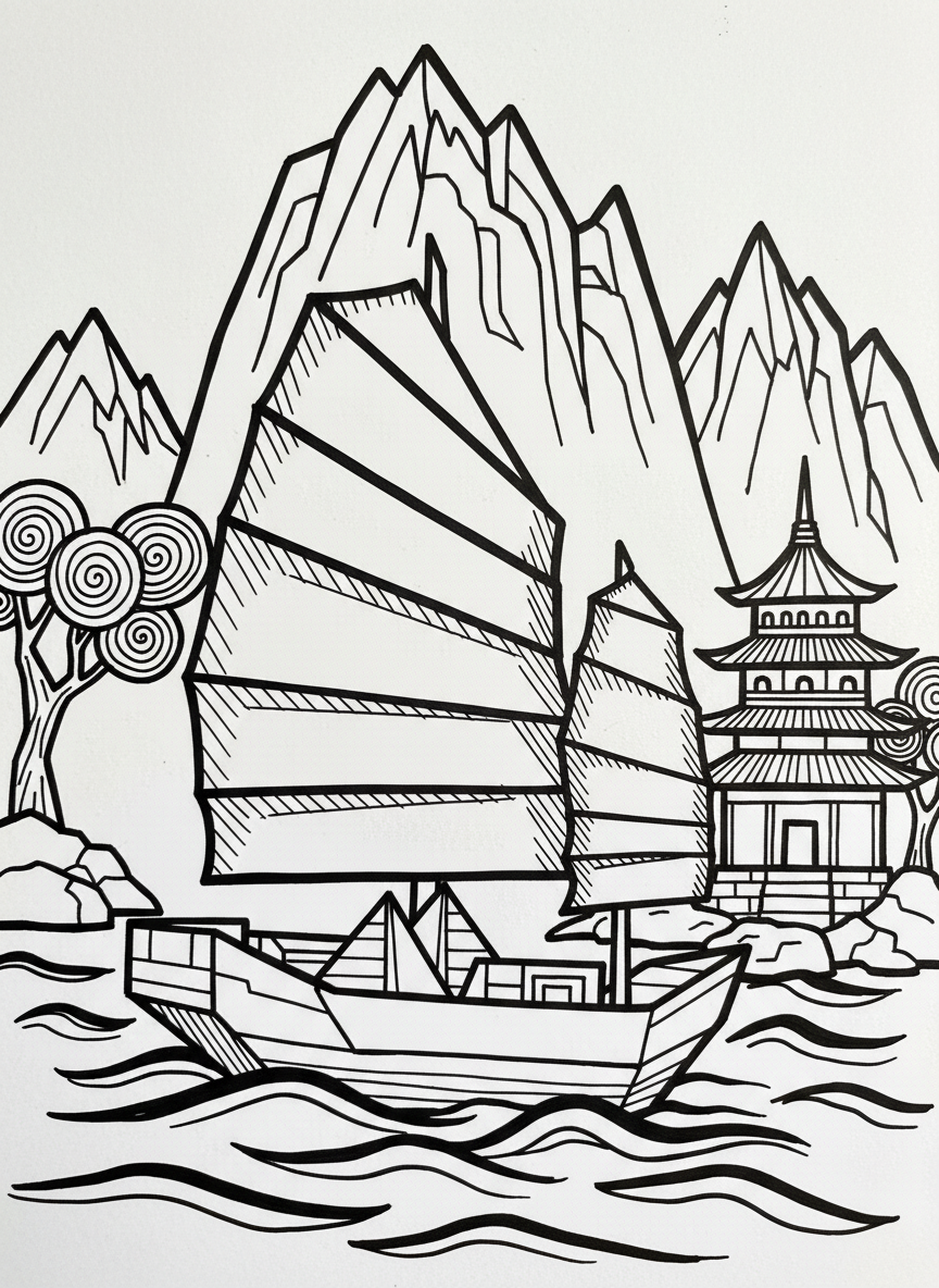 A paper-folded Chinese junk boat with distinctive angular sails and geometric patterns, sailing past mountains and a pagoda on the shore.