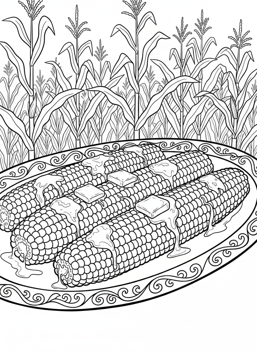 Rows of corn on the cob with butter melting on top arranged on a large serving tray.