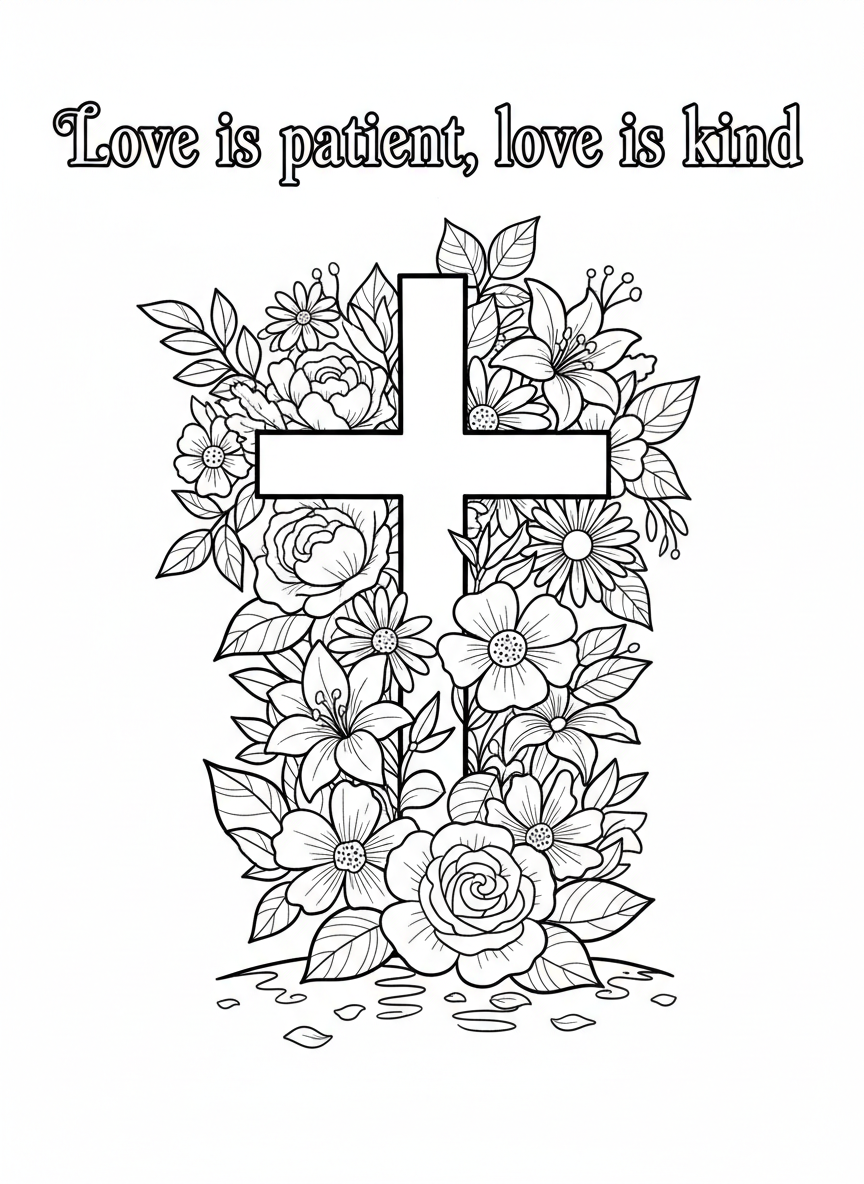 A simple cross surrounded by blooming flowers and leaves, with the text 'Love is patient, love is kind' in decorative letters at the top.
