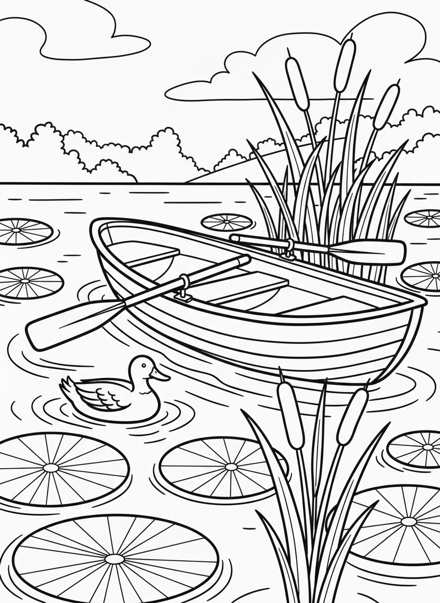 A rowboat with oars resting in a peaceful lake, surrounded by cattails and lily pads, with a duck swimming nearby.