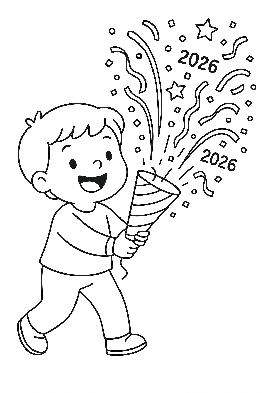 Confetti Popper: A cheerful child holding a party popper that is exploding with streamers, stars, and tiny "2026" confettis.
