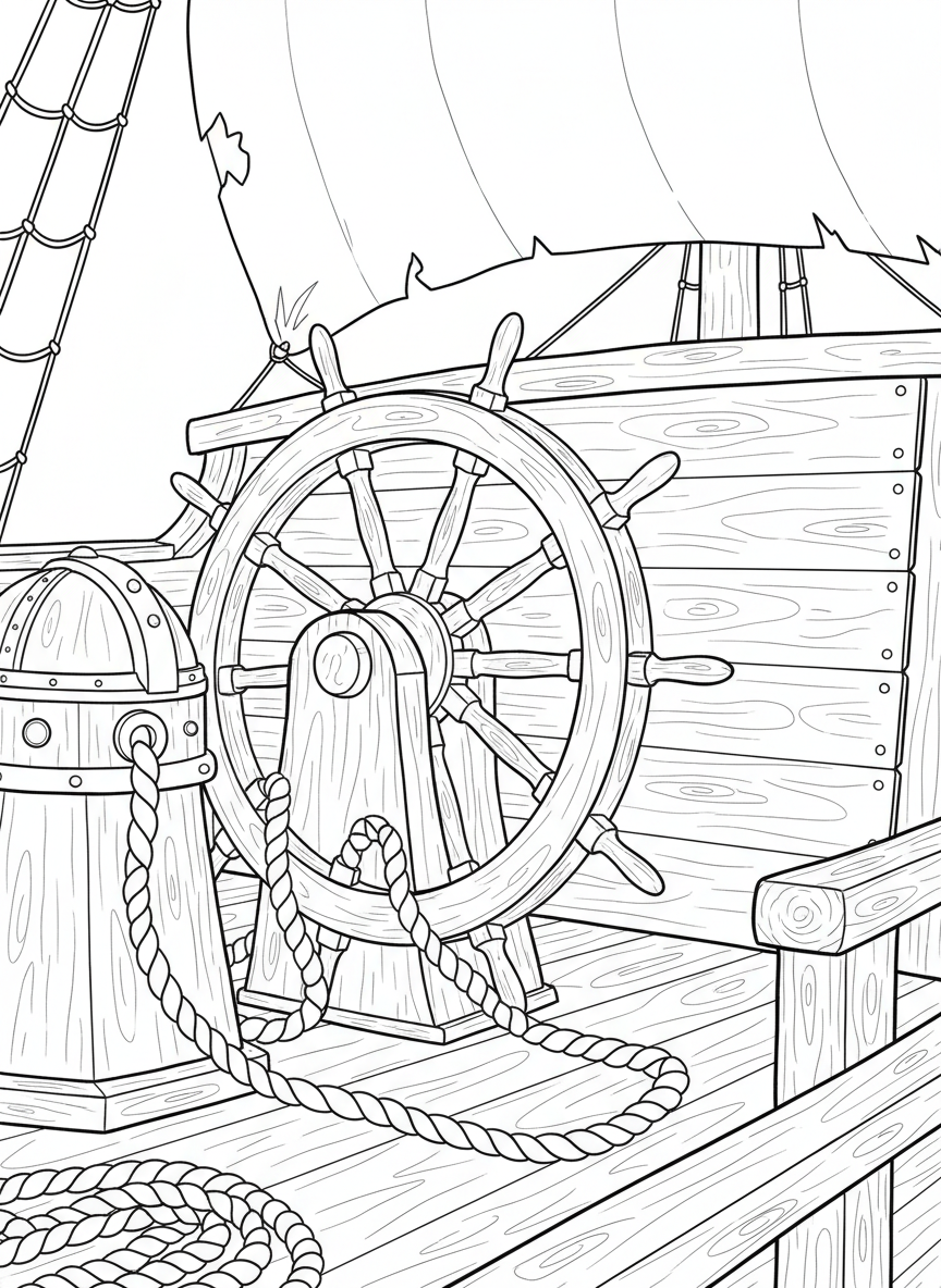 A pirate ship's wheel with rope details and wooden planks, close-up view showing intricate spokes and nautical elements