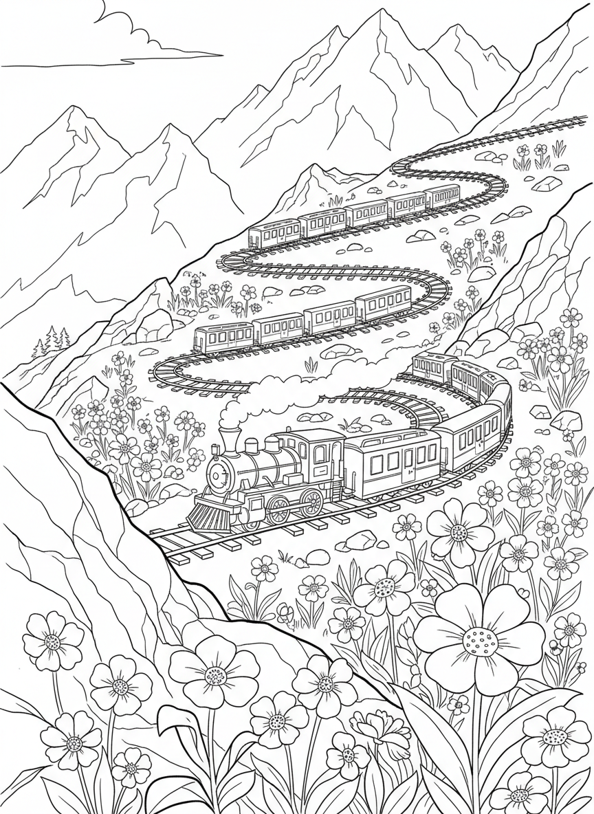 A mountain railway train climbing up a steep hillside track with switchbacks, surrounded by alpine flowers and rocks