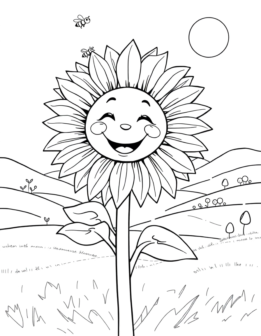 A magnificent, cheerful sunflower stands tall in a sun-drenched field, with its large, expressive face turned towards the sky. Bees buzz playfully around its petals, and rolling hills with a few scattered trees can be seen in the background under a clear, bright sky.