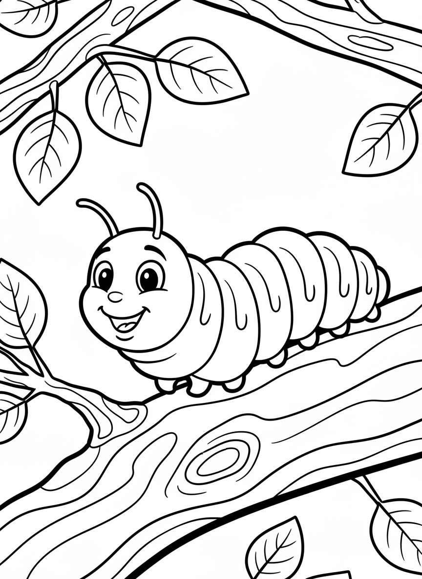 A friendly caterpillar with a happy face inching along a tree branch, with segmented body sections.