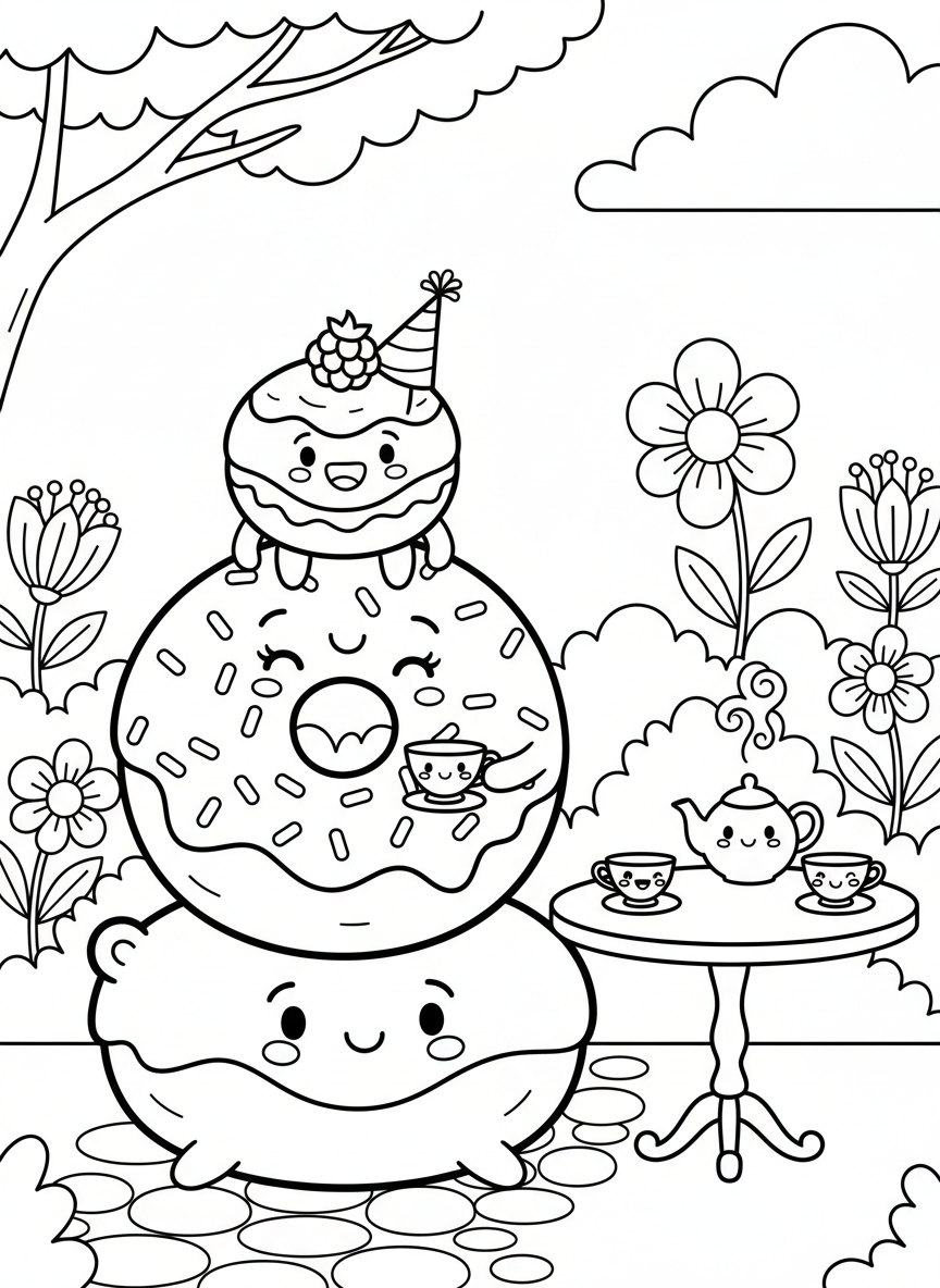 A stack of three different donuts having a tea party with tiny cups and saucers, sitting around a small table with happy faces