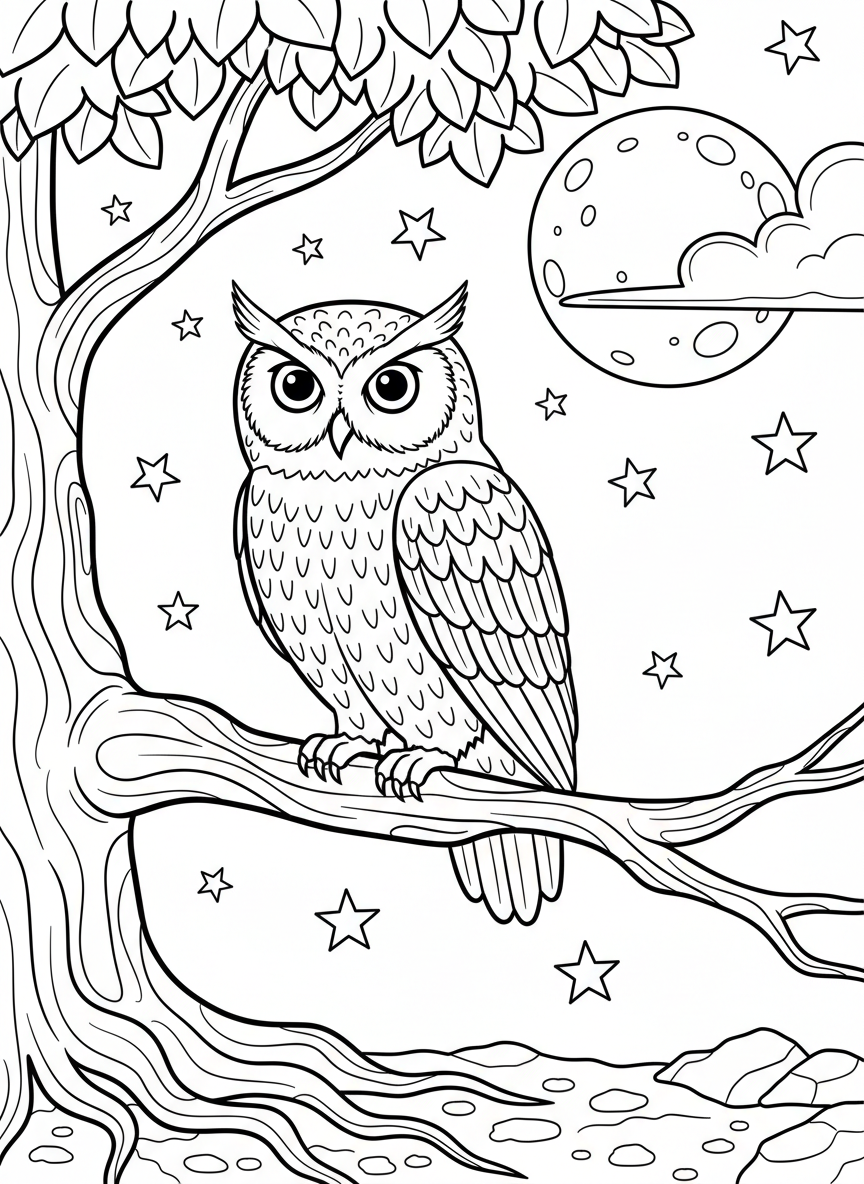 A wise owl sitting on a branch at night with moon and stars visible, detailed feather patterns