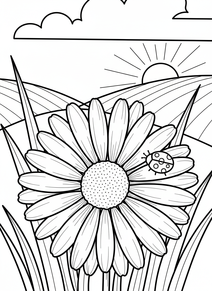 A close-up of a daisy with detailed petals radiating from the center, with a ladybug crawling on one petal.
